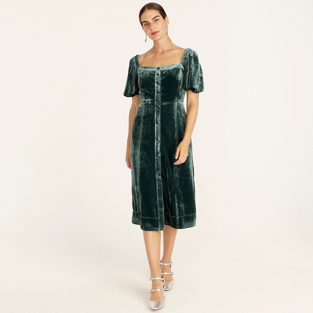 NWT J. Crew Puff Sleeve Velvet Midi Dress Green Womens Size 10 Button Close